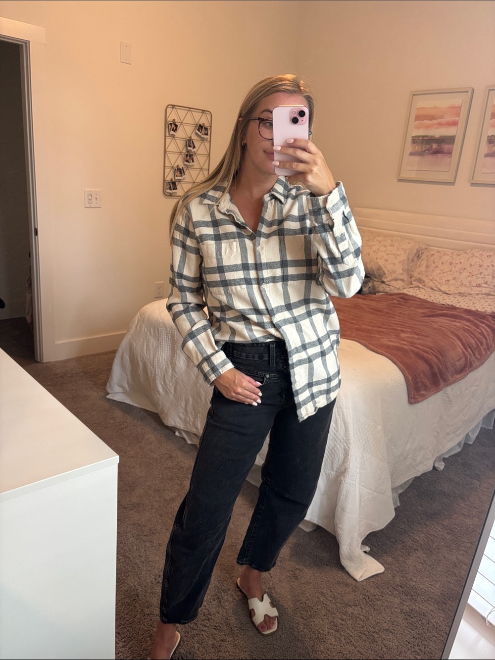 Neutral Plaid Button-Up Flannel Shirt